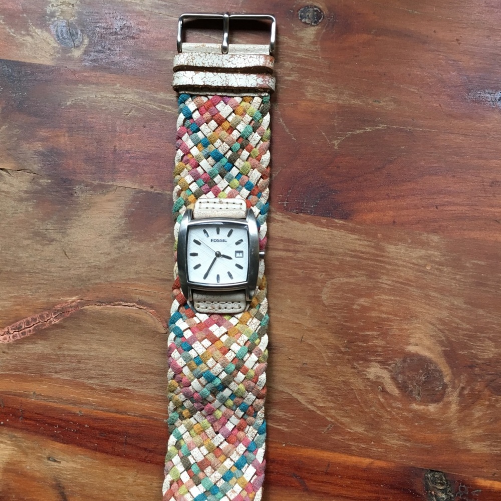 Fossil watch, braided cloth and leather band